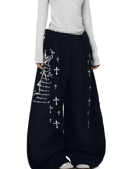 TALKLESSFASHION S / B3153 Slacks* Black [Belt] Korean lazy style hip-hop letter cross printed women's winter fleece jazz dance scimitar pants