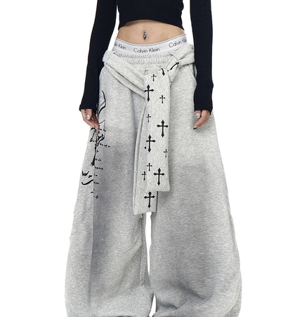 TALKLESSFASHION S / B3153 Slacks* Grey [Belt] Korean lazy style hip-hop letter cross printed women's winter fleece jazz dance scimitar pants