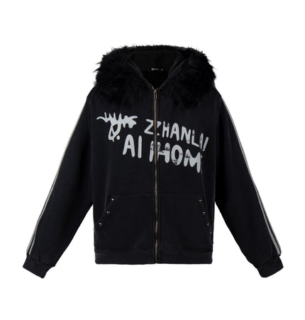 TALKLESSFASHION S / black American fur collar detachable hooded fleece sweatshirt for women 2025 winter loose tie-dye distressed cardigan jacket for men