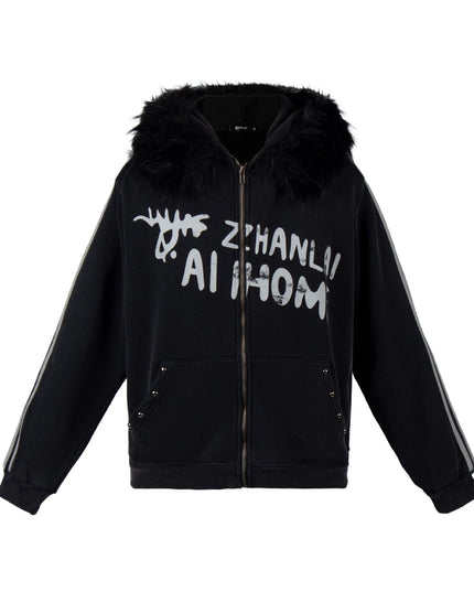TALKLESSFASHION S / black American fur collar detachable hooded fleece sweatshirt for women 2025 winter loose tie-dye distressed cardigan jacket for men
