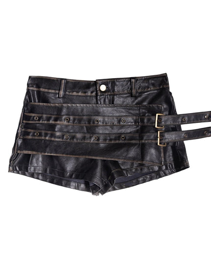 TALKLESSFASHION S / black American sweet and cool metal snap-on double-layer leather shorts 2025 pre-fall new slim asymmetrical old culottes women's clothing