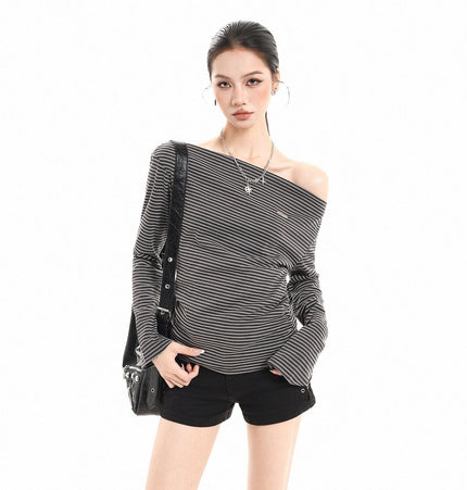 TALKLESSFASHION S / Black and white stripes XPKAEAX American Vintage Striped Contrast One-Shoulder Long Sleeve T-Shirt Women's Spring New Loose Waist Top