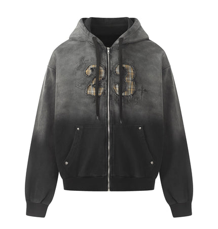 TALKLESSFASHION S / Black ash Jiayiku's 2026 new wasteland feng shui wash patch embroidered zipper sweatshirt jacket men's and women's American street hoodies