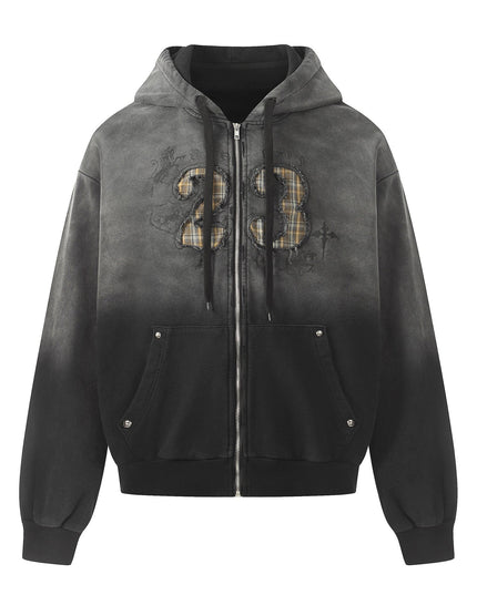 TALKLESSFASHION S / Black ash Jiayiku's 2026 new wasteland feng shui wash patch embroidered zipper sweatshirt jacket men's and women's American street hoodies