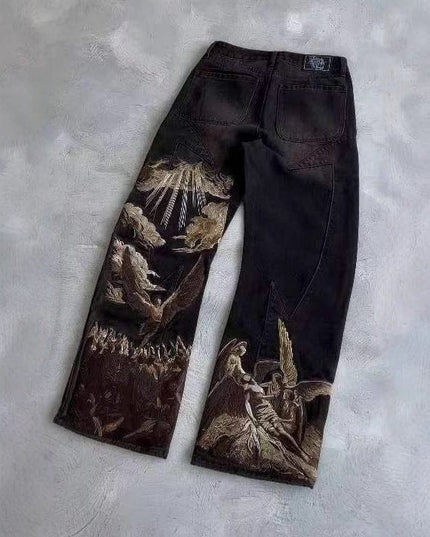 TALKLESSFASHION S / black Batwave Streetwear embroidered Jeans