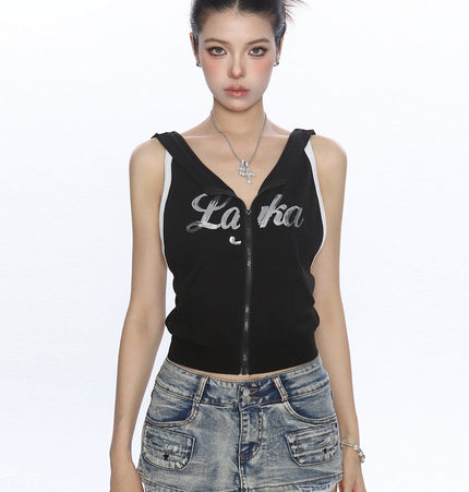 TALKLESSFASHION S / black BIGGOLD American Spice Girl Sequins Sleeveless Hooded Vest Women's Summer Sexy Backless Slimming Sports Top Trend