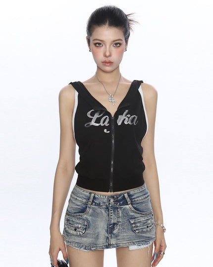 TALKLESSFASHION S / black BIGGOLD American Spice Girl Sequins Sleeveless Hooded Vest Women's Summer Sexy Backless Slimming Sports Top Trend