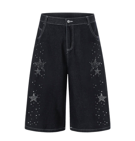 TALKLESSFASHION S / black BLACKLISTS American heavy industry star hot diamond primary color denim cropped pants men's and women's design wide-leg shorts summer
