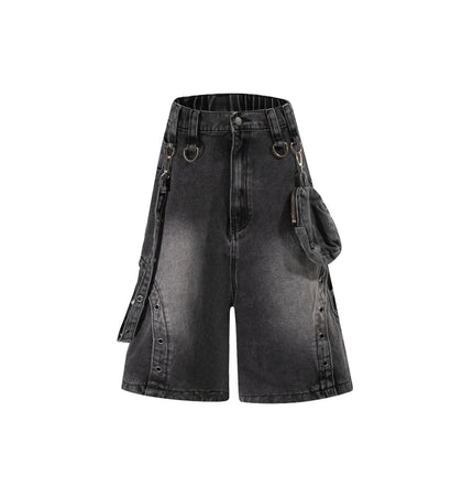 TALKLESSFASHION S / black BLACKLISTS American high street heavy industry patchwork denim shorts men's and women's Abi punk cargo cropped pants
