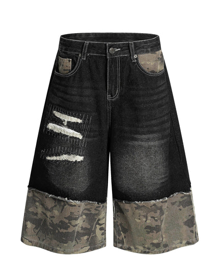 TALKLESSFASHION S / black BLACKLISTS American retro camouflage stitching destruction denim shorts cropped loose wide-leg cropped pants for men and women