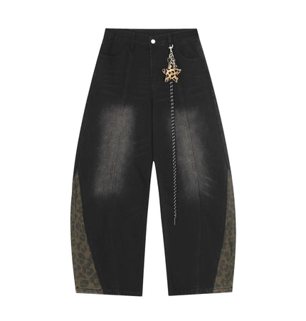 TALKLESSFASHION S / black Jiayiku trendy brand 2025 autumn new American retro leopard print scimitar jeans men's and women's loose wide-leg trousers