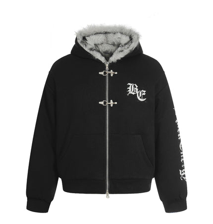 TALKLESSFASHION S / black Jiayiku trendy brand 2025 winter new American mountain carved fur collar cotton jacket fleece sweatshirt jacket hooded cotton jacket