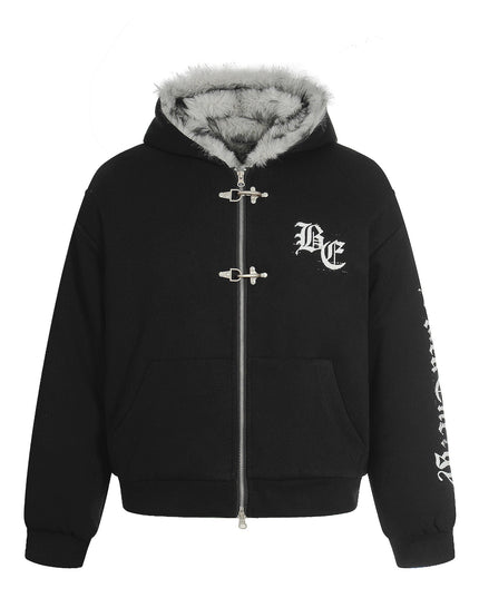 TALKLESSFASHION S / black Jiayiku trendy brand 2025 winter new American mountain carved fur collar cotton jacket fleece sweatshirt jacket hooded cotton jacket