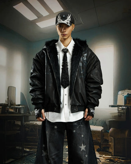 TALKLESSFASHION S / black Mottled Fur Collar Hooded Jacket