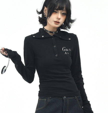 TALKLESSFASHION S / black OV original American hot girl half-open lapel long-sleeved T-shirt women's autumn slim straight shoulder short base shirt top trend
