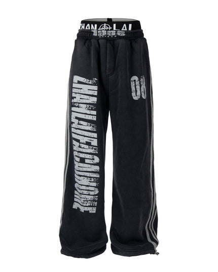 TALKLESSFASHION S / Black plus velvet Fall 2025 American high street dirty and worn letter double waist sweatpants for men and women with a sense of design scimitar wide-leg pants