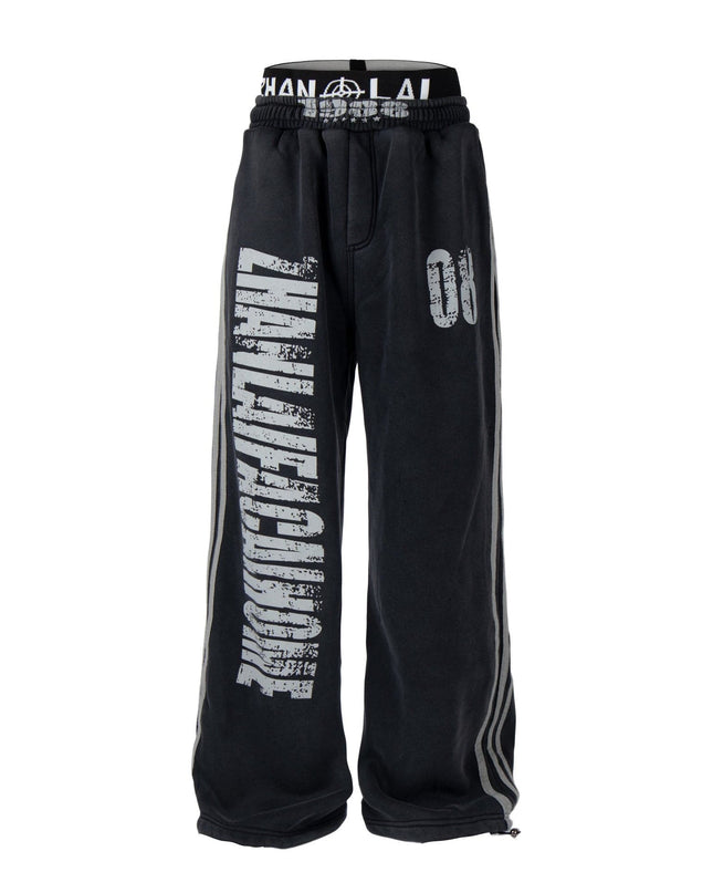 TALKLESSFASHION S / Black plus velvet Fall 2025 American high street dirty and worn letter double waist sweatpants for men and women with a sense of design scimitar wide-leg pants
