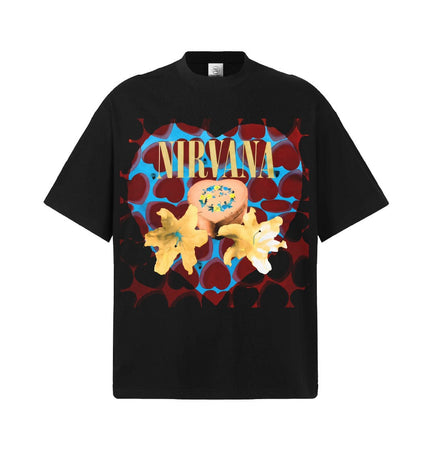 TALKLESSFASHION S / Black short sleeve 2026 Spring and Summer Nirvana Heart-shaped Gift Box American Cotton T-Shirt Men's Direct Jet Print Summer Breathable American Short Sleeves