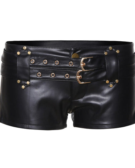 TALKLESSFASHION S / black VOstudio biker babes sexy low rise PU leather double belt shorts slim fit skinny punk hot pants female summer