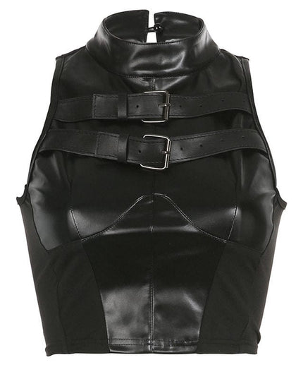 TALKLESSFASHION S / black VOstudio cool hot girl biker style turtleneck vest functional lace-up design PU leather sleeveless top for women