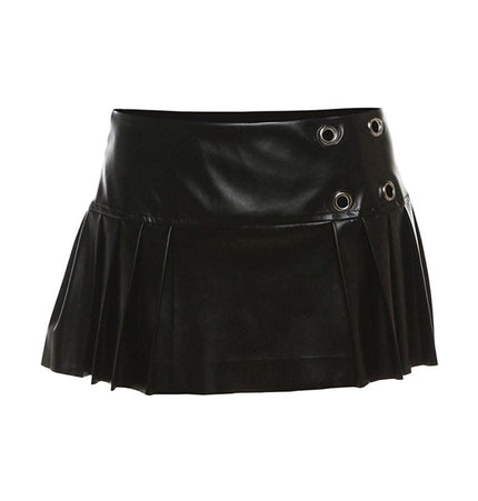 TALKLESSFASHION S / black VOstudio cool punk high waist PU leather pleated skirt motorcycle hot girl asymmetrical corn design short skirt