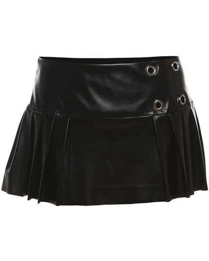 TALKLESSFASHION S / black VOstudio cool punk high waist PU leather pleated skirt motorcycle hot girl asymmetrical corn design short skirt