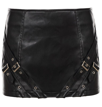 TALKLESSFASHION S / black VOstudio Cool Punk Lace-up Design PU Leather Skirt Pants Sexy Low-Rise American Biker Skirt