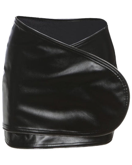 TALKLESSFASHION S / black VOstudio cool zipper velcro one-piece design PU leather short skirt hot girl sexy hip-hugging skirt