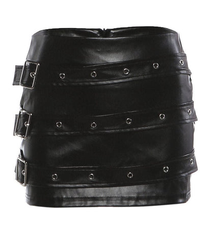 TALKLESSFASHION S / black VOstudio Punk style hot girl PU leather skirt female subculture multi-belt design hip skirt