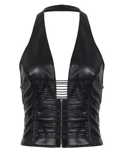 TALKLESSFASHION S / black VOstudio sexy hot girl cut-out line design halterneck open back suspender cool slim PU leather vest