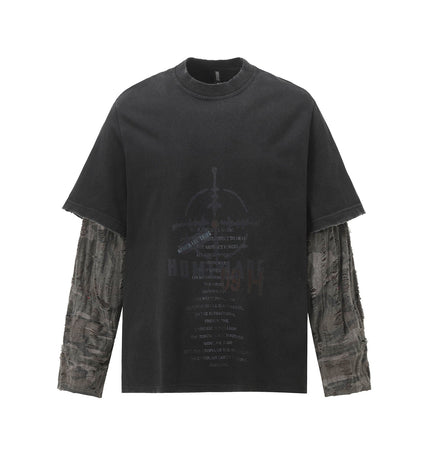 TALKLESSFASHION S / Black W157 Jiayiku Men's 2026 New American Street Trendy Brand Fake Two Washed Damaged and Eroded Washed T-Shirt Long Sleeves