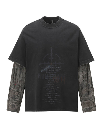 TALKLESSFASHION S / Black W157 Jiayiku Men's 2026 New American Street Trendy Brand Fake Two Washed Damaged and Eroded Washed T-Shirt Long Sleeves
