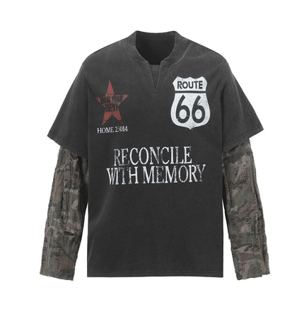 TALKLESSFASHION S / Black W715 Jiayiku Men's 2026 New American Street Trendy Brand Fake Two Washed Damaged and Eroded Washed T-Shirt Long Sleeves