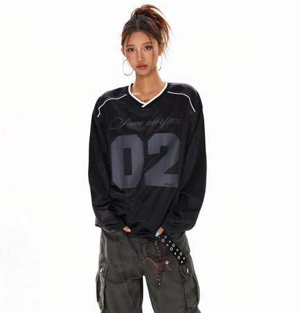 TALKLESSFASHION S / black XPKAEAX American High Street Digital Print V-Neck Long Sleeve T-Shirt Men's and Women's Fall 2025 Jersey Sporty Top