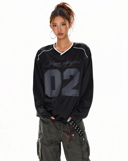 TALKLESSFASHION S / black XPKAEAX American High Street Digital Print V-Neck Long Sleeve T-Shirt Men's and Women's Fall 2025 Jersey Sporty Top