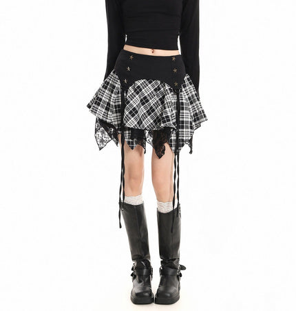 TALKLESSFASHION S / black XPKAEAX Chic Vintage Lace Stitched Plaid Skirt Women's Spring New Contrast Irregular Cake Skirt