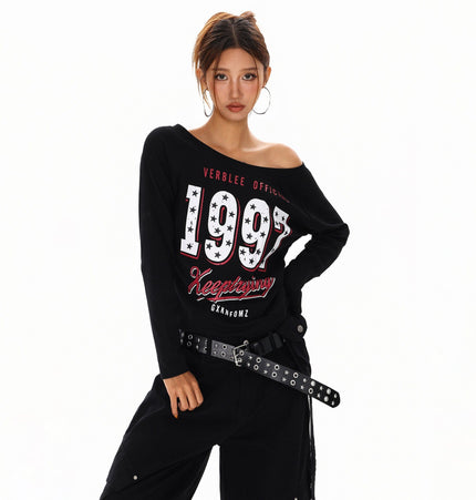 TALKLESSFASHION S / black XPKAEAX Spice Girl Style American High Street Slim Long Sleeve T-Shirt Women's New Off-the-Shoulder Slimming Top for Fall 2025