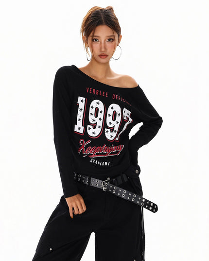 TALKLESSFASHION S / black XPKAEAX Spice Girl Style American High Street Slim Long Sleeve T-Shirt Women's New Off-the-Shoulder Slimming Top for Fall 2025