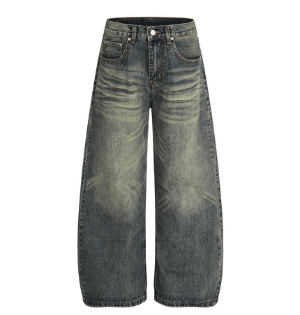 TALKLESSFASHION S / blue American retro washed old cat beard scimitar jeans for men and women, loose and versatile floor-length wide-leg pants