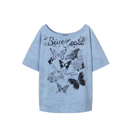 TALKLESSFASHION S / blue American Sweet Cool Butterfly Off-the-Shoulder Short Sleeve T-Shirt Women's 2025 Summer Lazy Style Hot Girl Loose Casual Slanted Shoulder Top