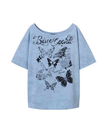 TALKLESSFASHION S / blue American Sweet Cool Butterfly Off-the-Shoulder Short Sleeve T-Shirt Women's 2025 Summer Lazy Style Hot Girl Loose Casual Slanted Shoulder Top