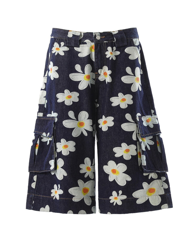 TALKLESSFASHION S / blue American vintage daisy print denim shorts men's and women's design workwear wide-leg cropped pants BLACKLISTS youthful vitality shorts Summer daily wear