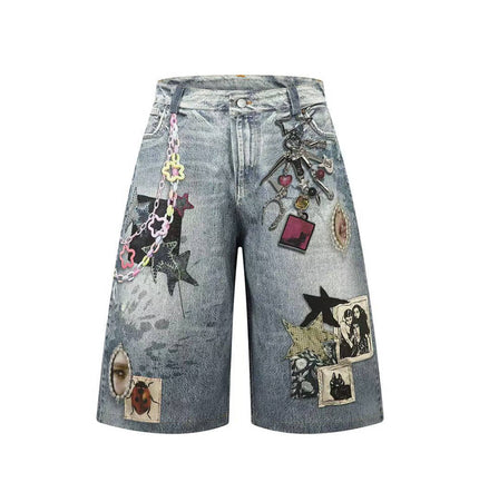 TALKLESSFASHION S / blue BLACKLISTS American 3D printing graffiti design denim cropped pants for men and women in summer distressed wide-leg shorts