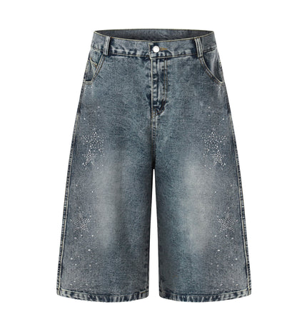 TALKLESSFASHION S / blue BLACKLISTS American heavy industry star hot diamond primary color denim cropped pants men's and women's design wide-leg shorts summer