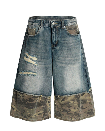 TALKLESSFASHION S / blue BLACKLISTS American retro camouflage stitching destruction denim shorts cropped loose wide-leg cropped pants for men and women
