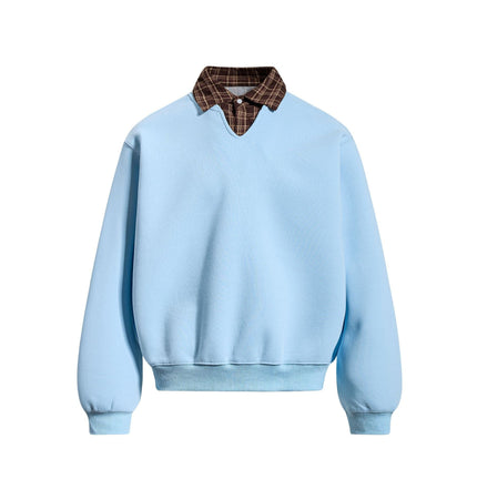 TALKLESSFASHION S / blue EON 26 Spring New spot American street trendy high street plaid splicing fake two-piece pullover sweatshirt for men