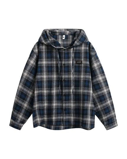 TALKLESSFASHION S / Blue gray grid Vintage Plaid Hooded Long-Sleeve Shirt