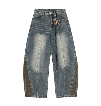 TALKLESSFASHION S / blue Jiayiku trendy brand 2025 autumn new American retro leopard print scimitar jeans men's and women's loose wide-leg trousers