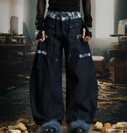 TALKLESSFASHION S / blue No man's island original y2k niche personality splicing pants hem furry detachable scimitar pants jeans
