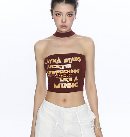 TALKLESSFASHION S / Brown BIGGOLD American hot girl letter halterneck bandeau vest women's summer design sense personality slimming slimming top